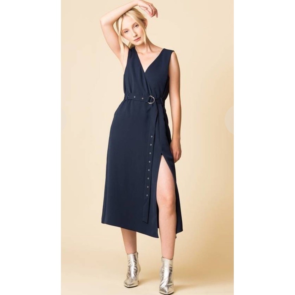 Tibi Drape Front Faux Wrap Belted Midi Dress Navy Classic Cocktail Career Size 6
